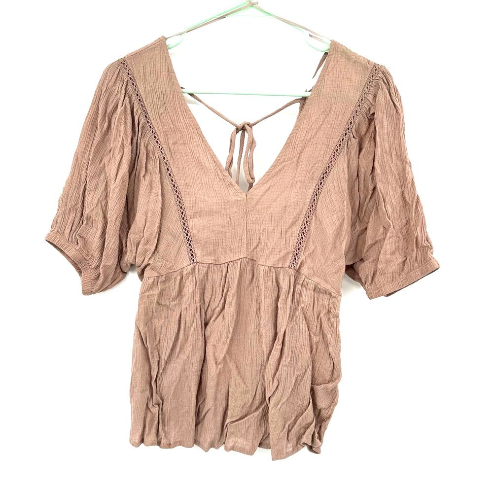 All in Favor Size Small Brown Short Sleeve Blouse V Neck and Back Gauze-y Shirt